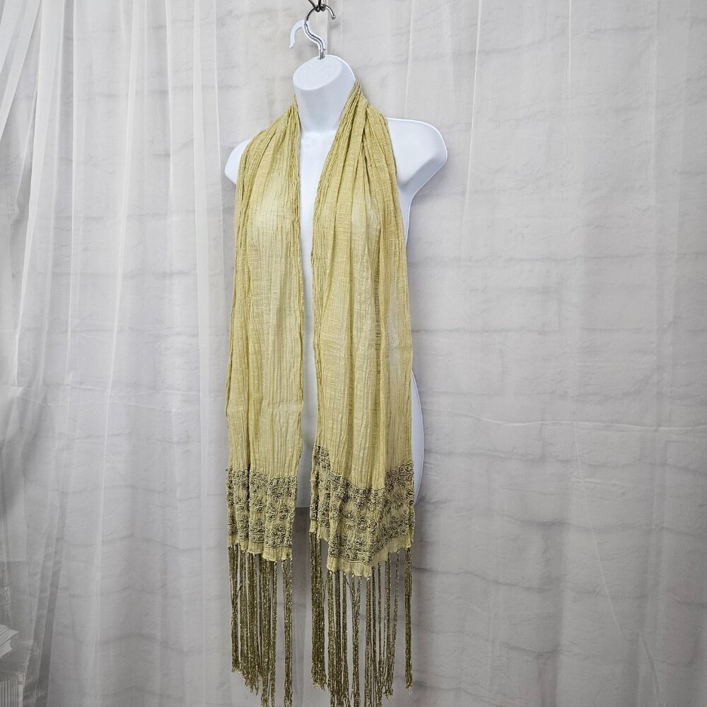 Green Boho Sheer Beaded Embroidered Shimmery Fringed Scarf - Picture 7 of 12